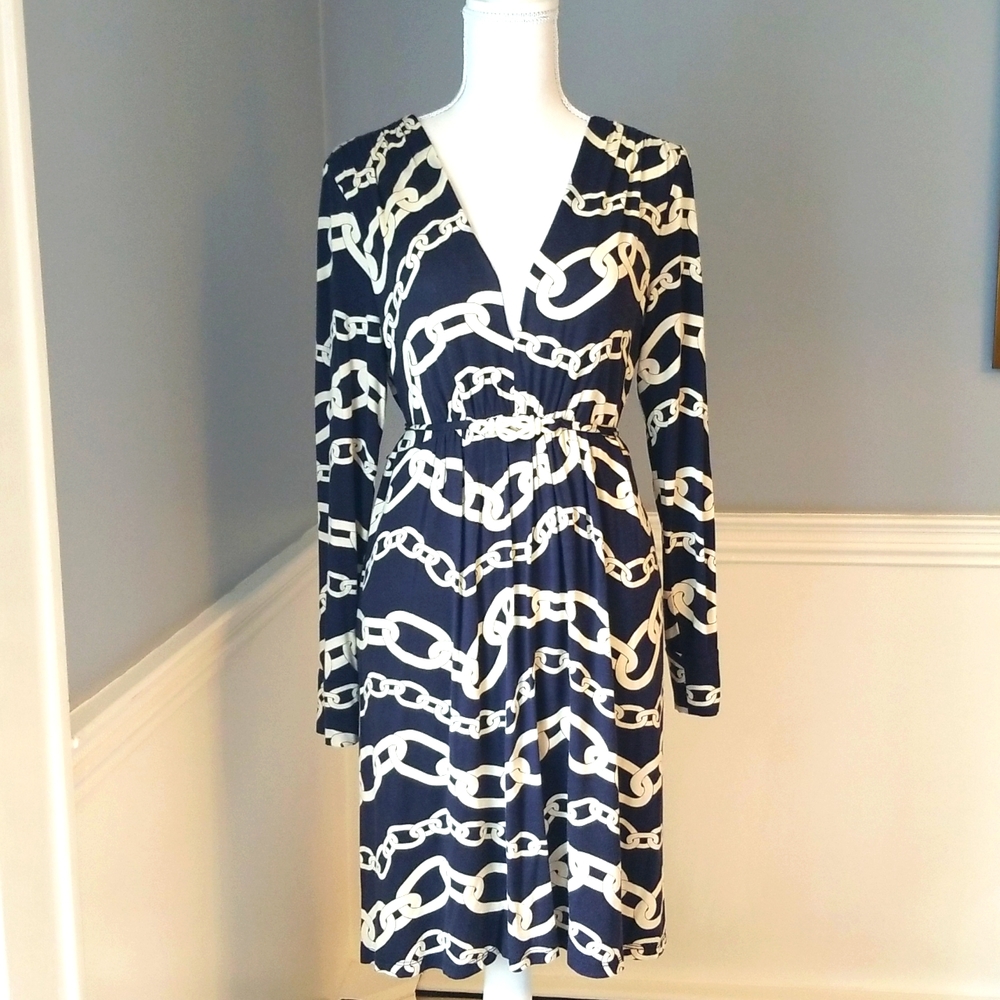 MILLY NAUTICAL V NECK LONG SLEEVE JERSEY DRESS